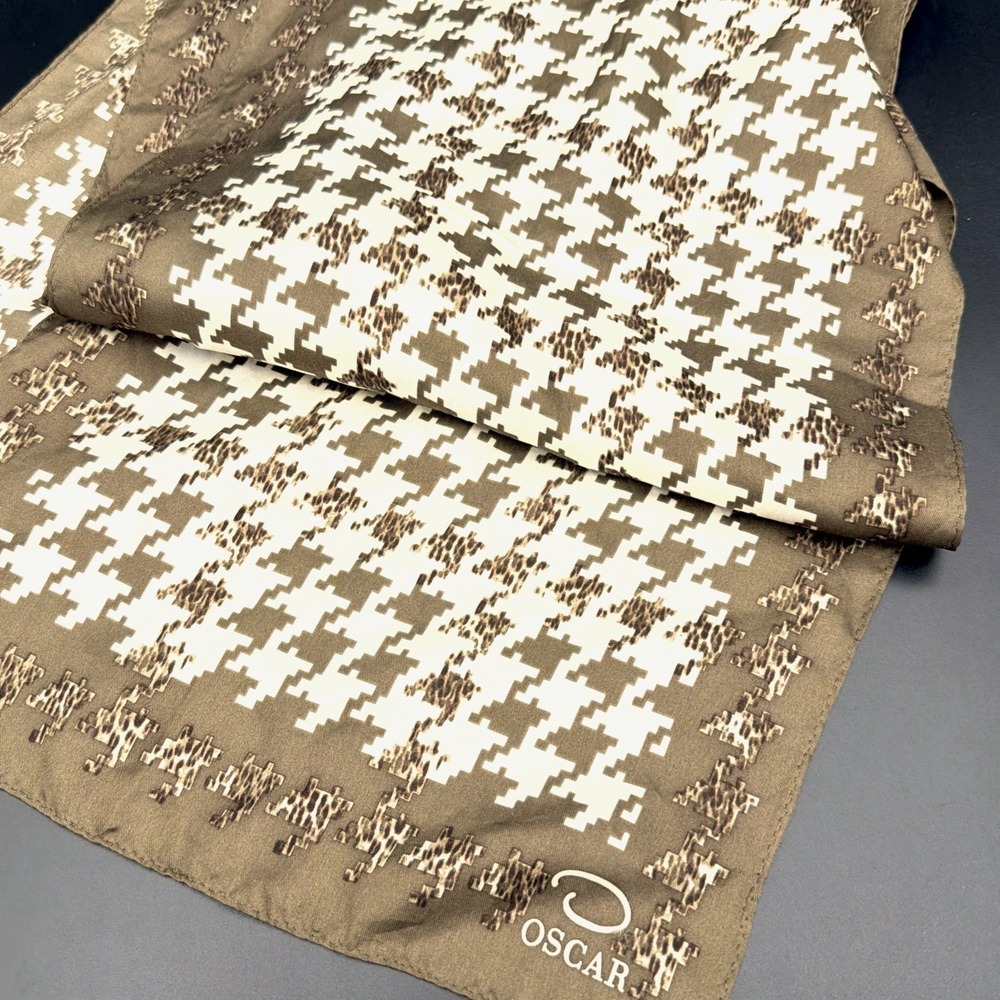 Vintage Oscar De La Renta Silk Scarf Houndstooth Leopard Print Gold Tan White